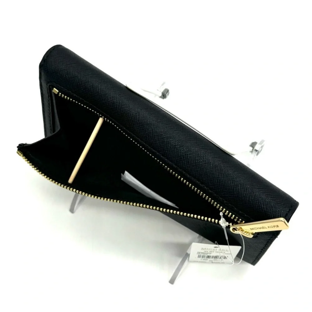 Michael Kors Large Trifold Wallet Black Leather Black/Gold